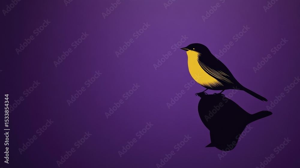 Fototapeta premium Yellow bird silhouette on purple backdrop with symmetrical shadow pattern