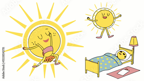 Illustration of sun characters waking up and exercising with a bed and lamp in the background scene