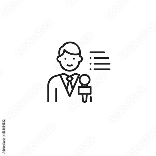 Male reporter speaking with microphone and notes on white background  