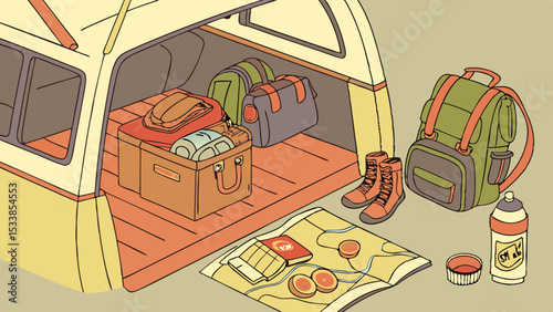A van packed with camping gear including backpacks boots and maps ready for an outdoor adventure trip out