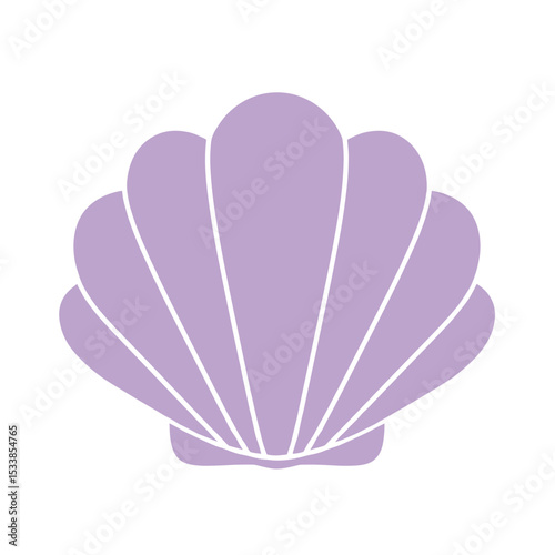 Elegant purple seashell resting on sandy beach with gentle waves in the background
