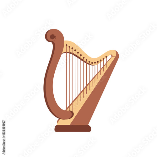 Elegant wooden harp with intricate design, set against a minimalistic white background