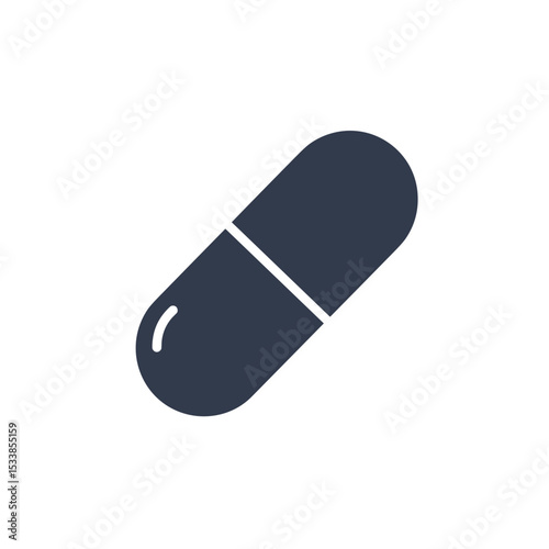 Close-up of a dark blue capsule with a soft shadow on a light background