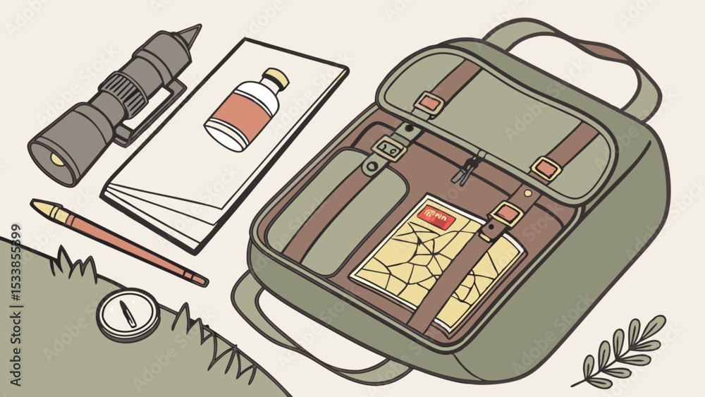 Illustration of a backpack with a map, notebook, bottle, telescope, pen, and compass on a grassy surface