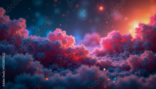 Colorful abstract landscape with vibrant textures and glowing lights at dusk

