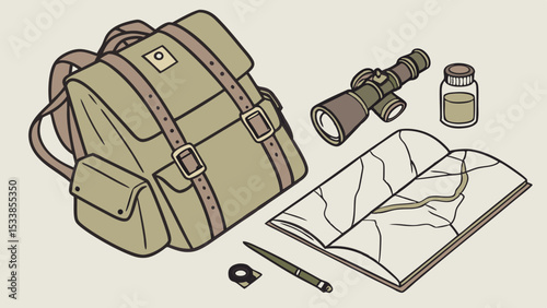 Still life with a backpack, map, spyglass, ink bottle, pen and inkwell arranged on a light background