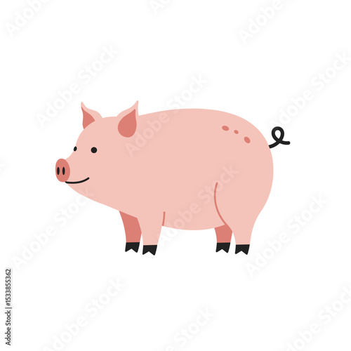 Cute cartoon pig standing happily on a white background, ideal for children's illustrations