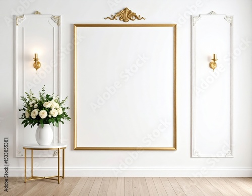Elegant interior wall design with empty frame and flowers modern home photography minimalist space eye-level view