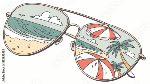 Sunglasses reflecting a beach scene with waves, sand, palm trees and umbrellas on a sunny day view