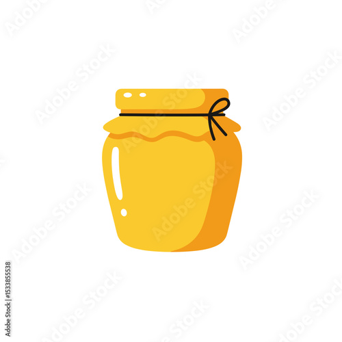 Vibrant honey jar with a decorative string, set against a minimalist white background