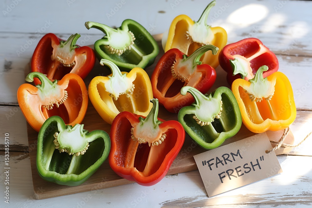 Farm Fresh Colorful Bell Peppers Halved on Wooden Board Farm Fresh Colorful Bell Peppers Halved on Wooden Board