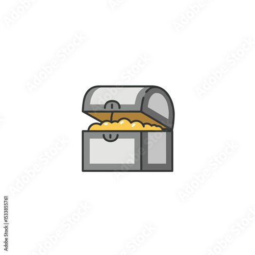Cartoon treasure chest overflowing with gold coins against a plain white background