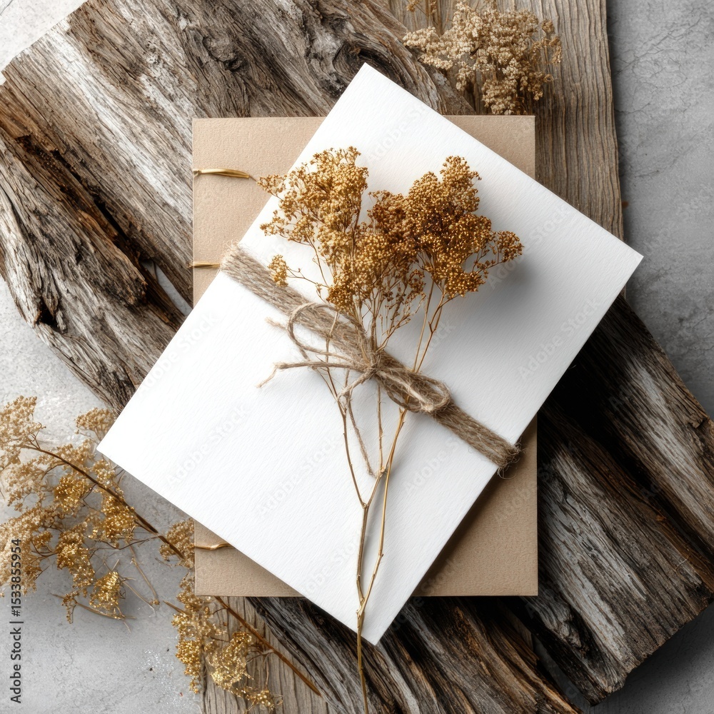 Obraz premium Dried flowers adorn a blank invitation card.
