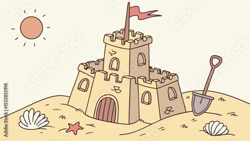 Illustration of a sandcastle with a flag, a shovel, seashells, and a starfish on a sandy beach with sun