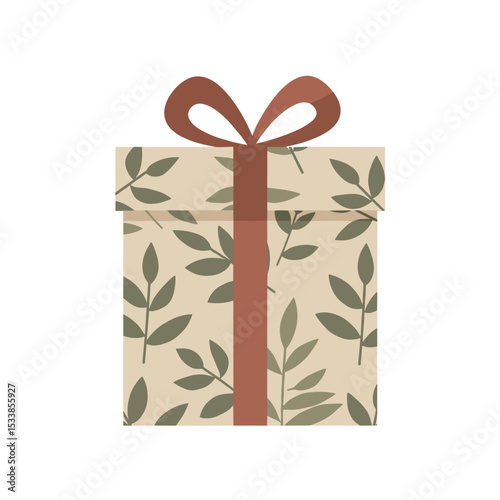 A beautifully wrapped gift box adorned with green leaves and a brown ribbon, perfect for celebrations