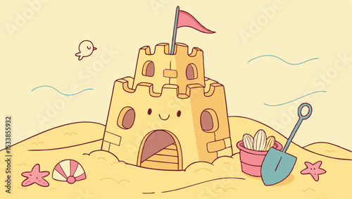 Illustration of a sandcastle with a flag, a bucket filled with shells, a shovel, and starfish on the beach