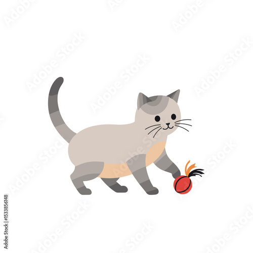 Playful cat interacting with a vibrant orange toy in a minimalist setting