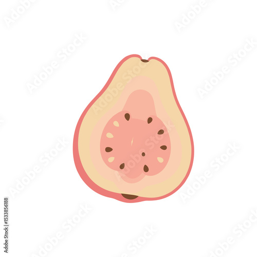 A vibrant guava fruit with a pink interior, showcasing its seeds, isolated on white