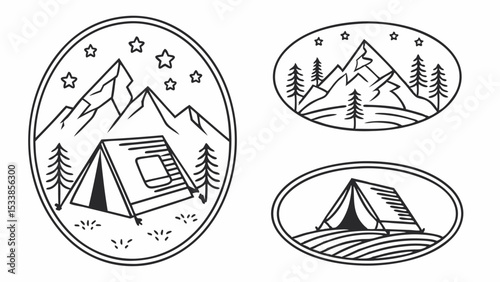 Three camping themed emblems showing tents mountains and trees in simple line art style on white background