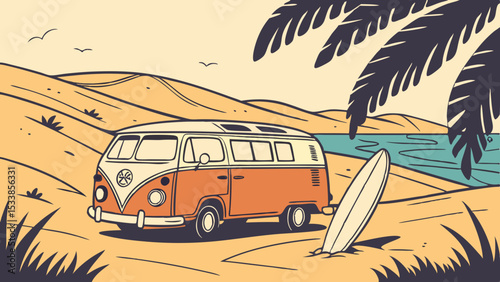 Vintage van parked on a sandy beach near the ocean with a surfboard and palm tree providing shade area