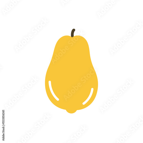 A vibrant yellow pear with a small stem, set against a clean white background, ideal for food-related content
