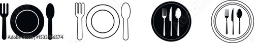 Minimalistic cutlery and plate icon set in black and white style. Includes various combinations of fork, spoon, knife, and dish, perfect for restaurant branding, food delivery apps, kitchen.