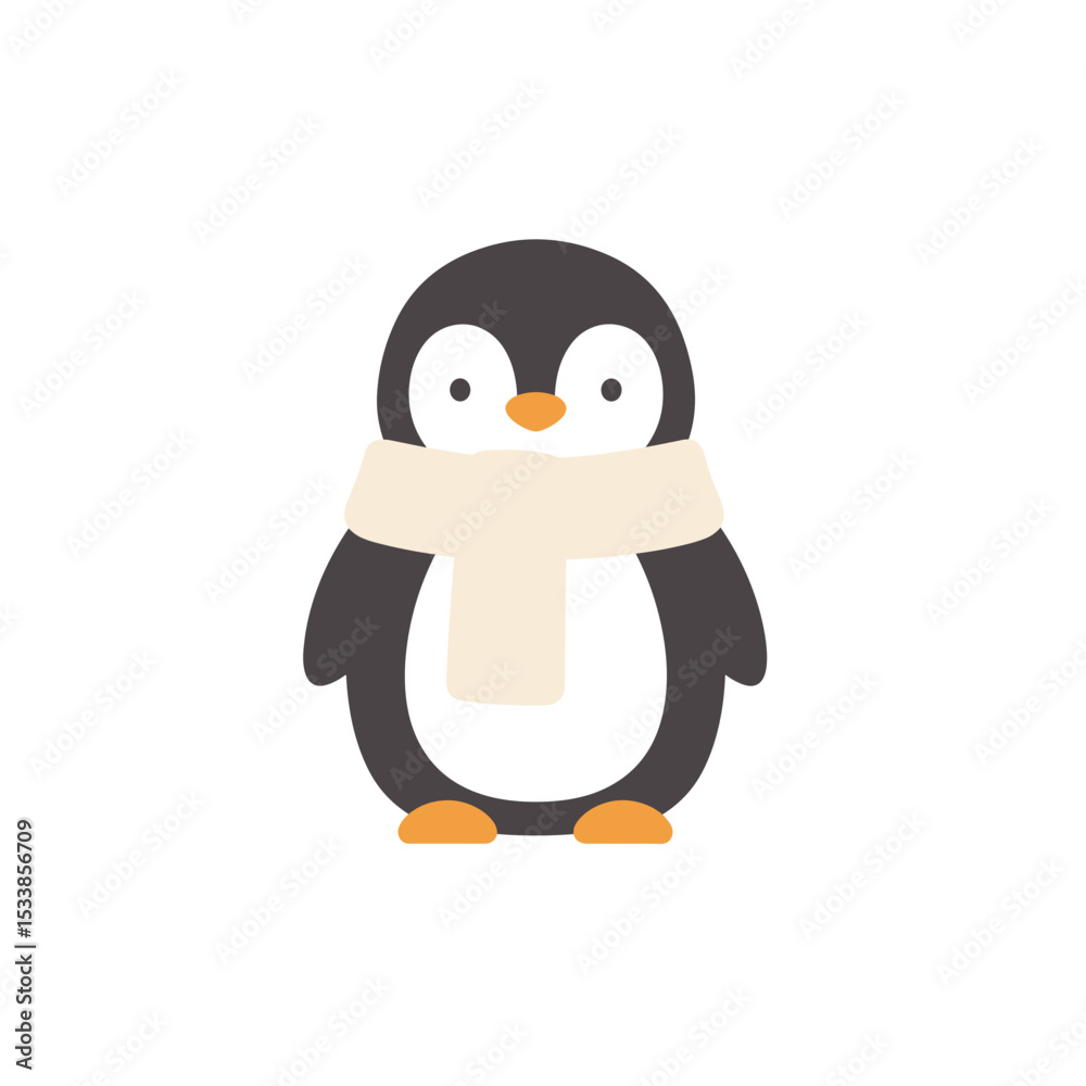 Obraz premium Cute cartoon penguin wearing a scarf, standing against a plain white background