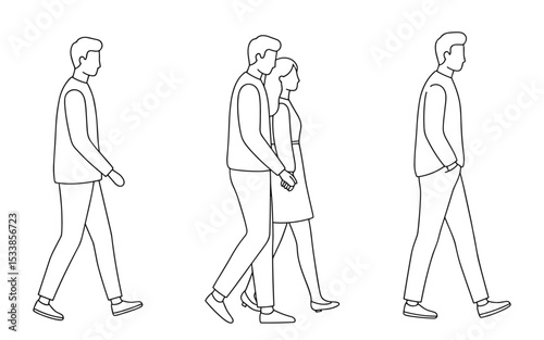 Simple line drawing of individuals walking in various postures and styles, capturing motion, diversity, and individuality in a minimalist black and white vector format


