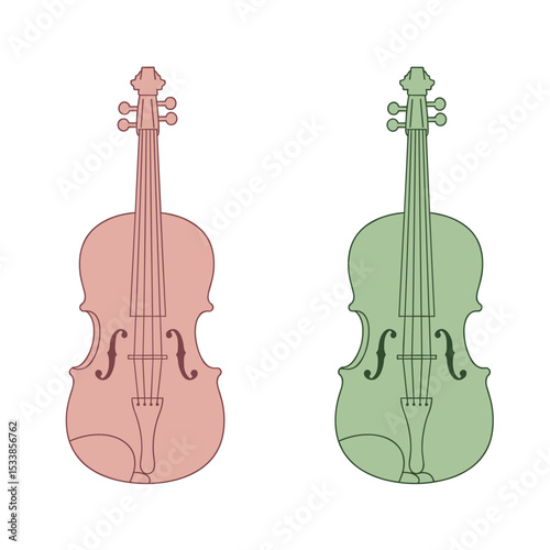 Two stylized violins, one pink and one green, displayed symmetrically against a white background, ideal for music-related projects