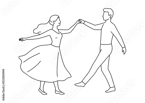 A vector line drawing of a man and woman dancing together in a graceful pose, illustrating romantic movement and connection in elegant black and white style

