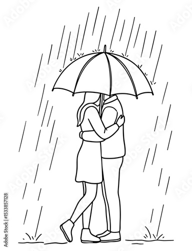 A couple huddles under an umbrella, with the couple’s closeness highlighted by elegant vector line art and a minimal background, evoking warmth in the rain.


