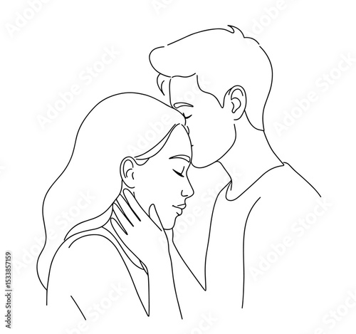 A vector line drawing of a man and woman sharing a kiss, with the couple’s kiss beautifully captured to express intimacy and connection in elegant line art.

