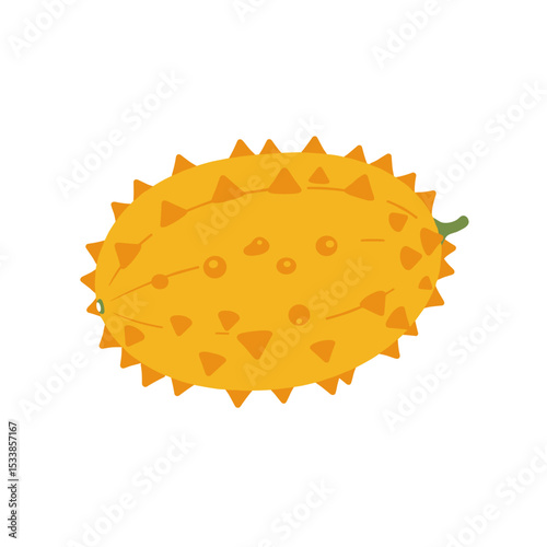 Bright yellow spiky fruit with a green stem on a plain white background