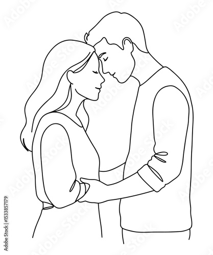 Simple vector line art of a couple in a heartfelt embrace, depicting emotional closeness and love between man and woman for romantic design themes
