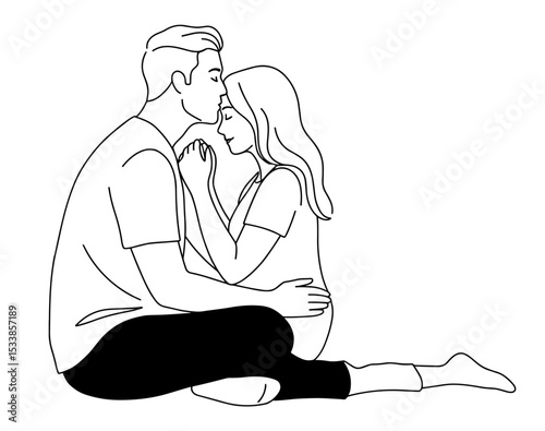 Vector line art of a man and woman sitting on the floor and talking, capturing emotional connection between couple for love-themed minimalist designs

