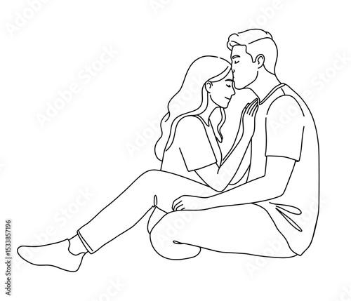 Vector line art of a couple sitting together forming a heart shape, symbolizing love and unity in romantic couple designs for relationship illustrations
