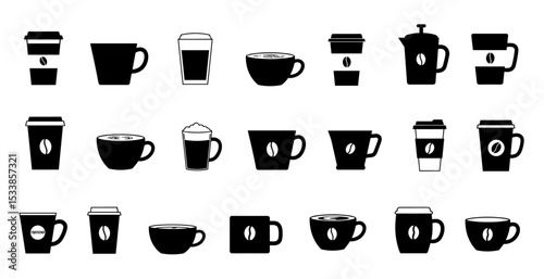 Black silhouette coffee cup icon set on a clean white background, showcasing a variety of cup designs for café branding, packaging, or web interface elements

