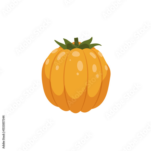 Vibrant orange pumpkin with green leaves against a clean white background, ideal for autumn themes