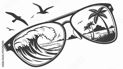 Sunglasses reflecting ocean wave and palm trees with seagulls in the background in monochrome style