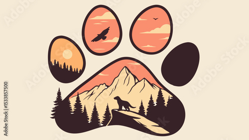 Dog paw print with mountain landscape, dog silhouette, trees, sunset, and bird flying in the sky design