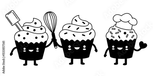 Three cupcakes with chef hat and spatula, colorful cupcakes for kids cooking designs and fun baking-themed illustrations

