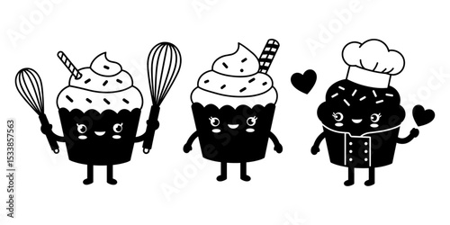 Black and white cupcake trio illustration, featuring decorative cupcakes drawn in black and white for dessert coloring pages and bakery graphics

