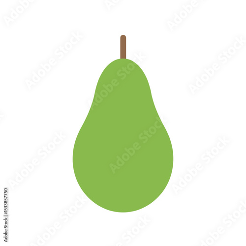 A vibrant green pear with a brown stem against a minimalist white background
