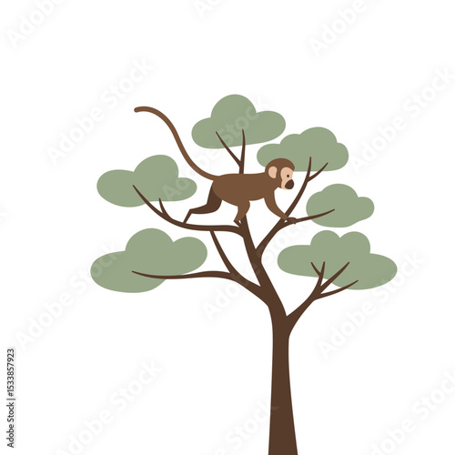 A playful monkey climbing a tree, surrounded by lush green foliage in a serene environment