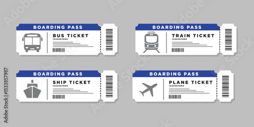 Set of Transportation Ticket. Bus, plane, ship and train ticket icon. Travel tickets for transport with barcode. Vector illustration.