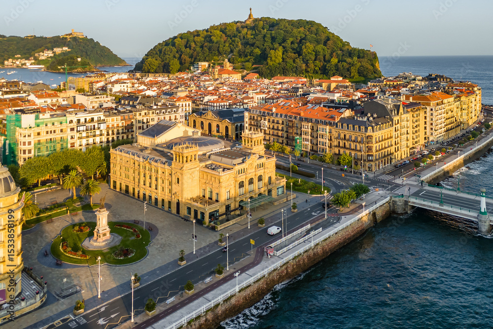 Fototapeta premium Aerial view of San Sebastian cityscape at sunrise in the Basque Country, northern Spain.