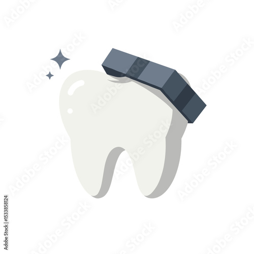 Cartoon illustration of a smiling tooth wearing a dental brace in a bright background