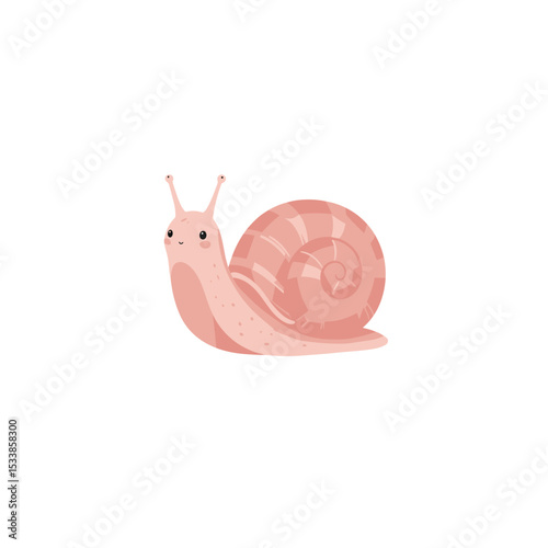 Cute cartoon snail with a pink shell, slowly moving across a white background