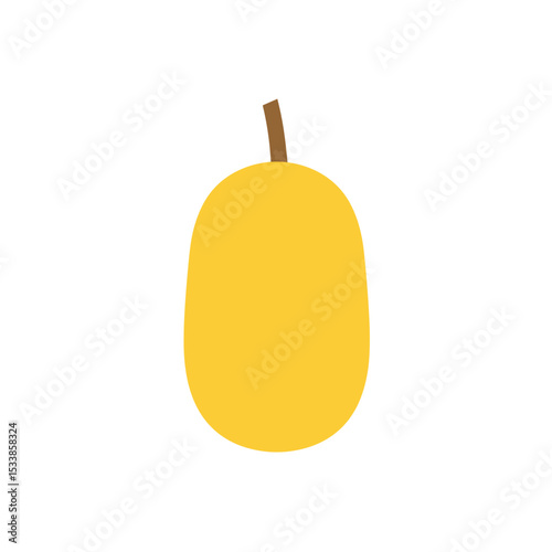A whimsical yellow pear character with a brown stem, set against a plain white background