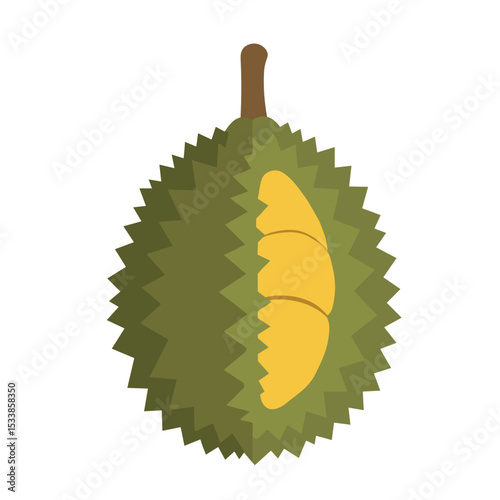 A close-up view of a ripe durian fruit showcasing its unique spiky exterior and yellow flesh